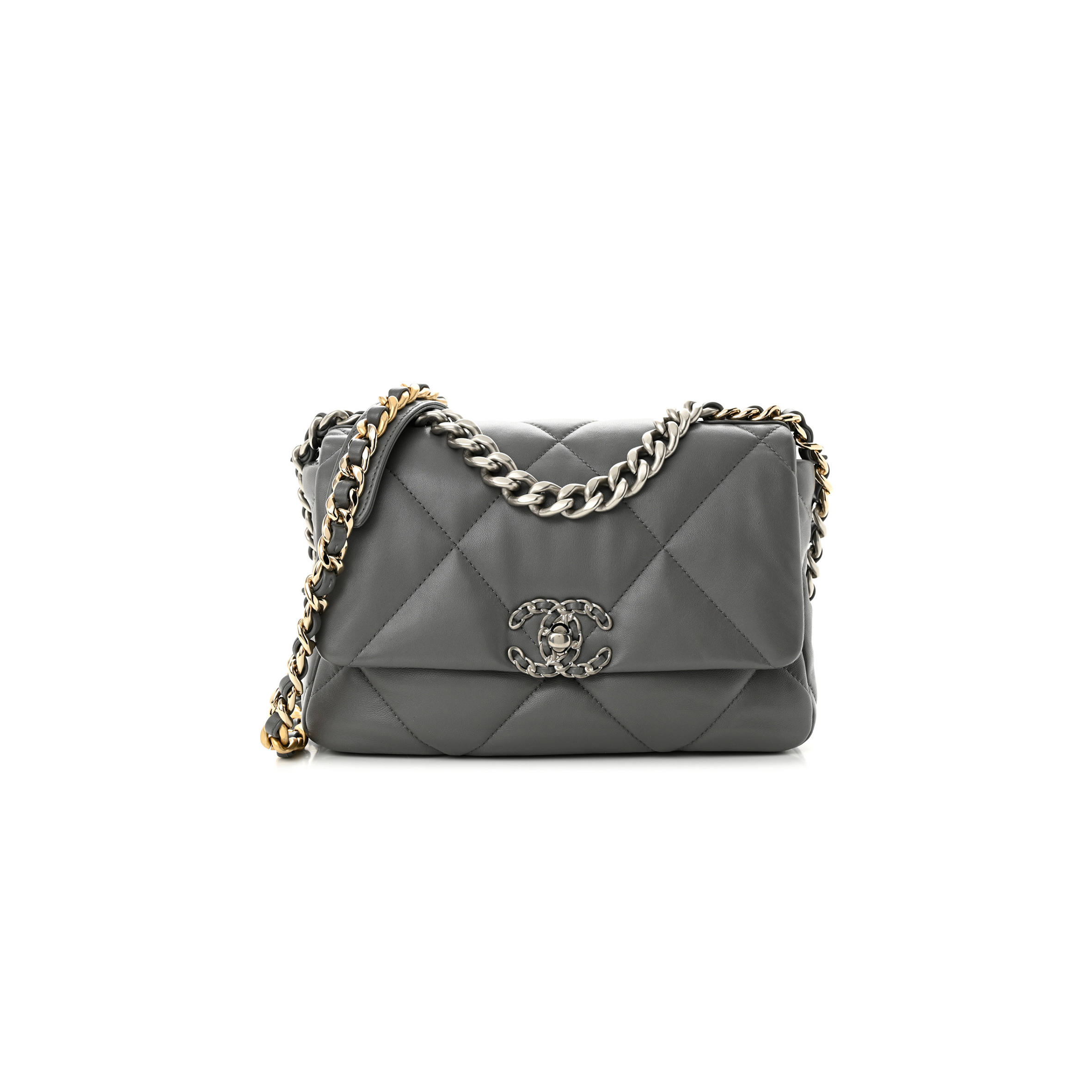 CHANEL LAMBSKIN QUILTED MEDIUM CHANEL 19 FLAP GREY AS1160 (26*16*9cm)